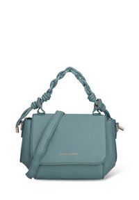 Borsa a tracolla in pelle teal con manico intrecciato distintivo, tracolla regolabile, chiusura magnetica e dettagli con marchio sulla parte anteriore.