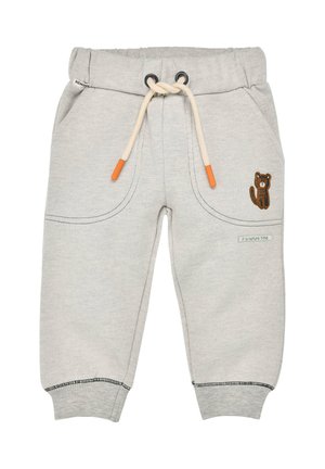 Hellgraue Jogginghosen mit elastischem Bund, Kordelzug und orangefarbenen Spitzen. Sie verfügen über seitliche Taschen und ein gesticktes Bärenmotiv auf dem Oberschenkel.