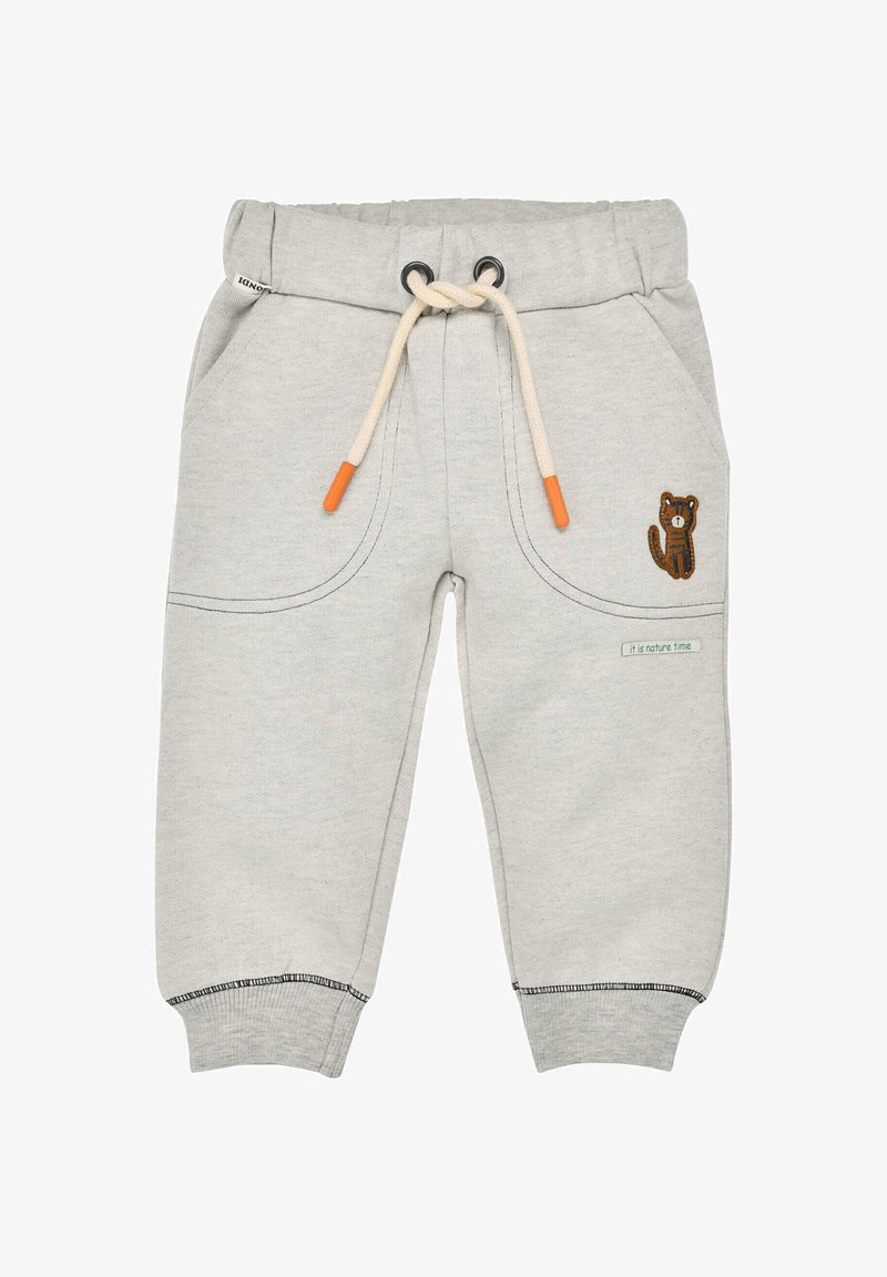 Light gray sweatpants with elastic waistband, drawstring, and orange tips. Features side pockets and an embroidered bear design on the thigh.