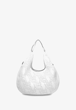 Sac à main en cuir blanc de style hobo avec un motif perforé répétitif du logo "VG" et une anse unique.