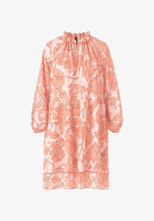 Robe à imprimé floral dans des tons de rose doux et corail, avec un col froncé, de longues manches bouffantes et une coupe décontractée avec un ourlet élastique.