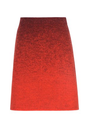 Jupe rouge en ligne A avec un subtil motif dégradé noir en pointillés, taille haute et texture lisse sur un fond blanc.