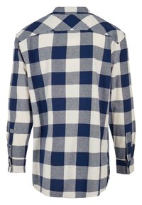 Rutete blå og hvit flanellskjorte med lange ermer, knappemansjetter, krage og rett kant. Myk tekstur, uformell design.