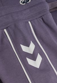 Lila atletiska shorts gjorda av mjukt tyg, med vita ränder och en chevron-logotypdesign på sidan.