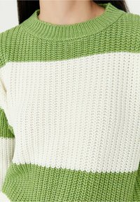 Primo piano di un maglione spesso a maglia verde e bianca con blocchi di colore orizzontali e un colletto girocollo a coste.