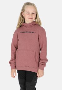 Maroon hoodie with a front pocket, featuring a black "SWEDEMOUNT" logo. Soft fabric, relaxed fit, and ribbed cuffs.