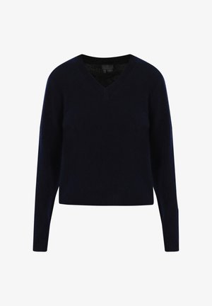 Námornícka modrá vlnená sveter s výstrihom do V, dlhými rukávmi a elastickými manžetami a spodným lemom. Mäkka textúra; skrátený dizajn. Žiadne viditeľné vzory ani kovania.