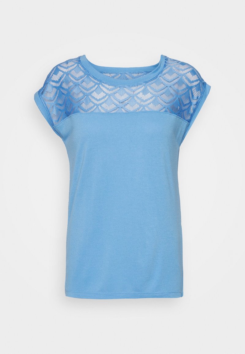 T-shirt azzurro chiaro con maniche a cappuccio, caratterizzato da un design in pizzo testurizzato sulla parte superiore. Tessuto morbido, vestibilità comoda e scollatura rotonda.