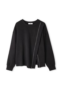 Zwarte sweatshirt met een ronde halslijn, verlaagde schouders en een ritsdetail aan de zijkant. Gemaakt van zacht materiaal met een ontspannen pasvorm.