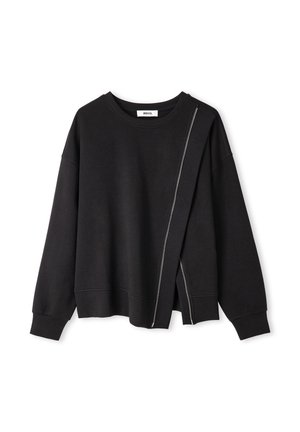 Zwarte sweatshirt met een ronde halslijn, verlaagde schouders en een ritsdetail aan de zijkant. Gemaakt van zacht materiaal met een ontspannen pasvorm.