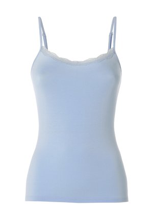 Camicia attillata azzurro chiaro con spalline sottili regolabili e finitura in pizzo lungo la scollatura anteriore.