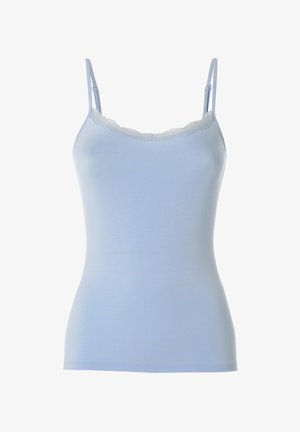 Camicia attillata azzurro chiaro con spalline sottili regolabili e finitura in pizzo lungo la scollatura anteriore.