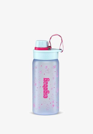 Plastic water bottle with a translucent blue body, pink accents, and bubbles pattern. Features a screw cap and carrying loop.