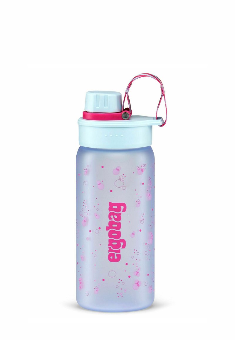 Plastikwasserflasche mit einem durchscheinend blauen Körper, pinken Akzenten und einem Blasenmuster. Verfügt über einen Schraubverschluss und einen Tragegriff.