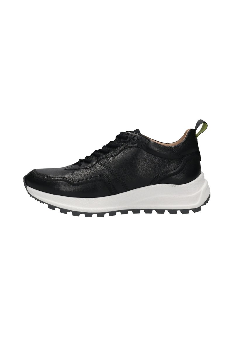 Black leather sneaker with a textured surface, lace-up design, and a white midsole. Features a green accent at the heel and a rugged black outsole.