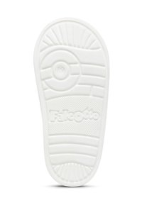 Suola di scarpa bianca in gomma con motivi testurizzati, inclusi design circolari e lineari. Presenta il logo "Falcotto" vicino al tallone.