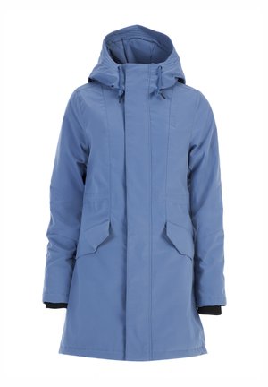 Light blue jacket with a hood, featuring a front zip closure, two angled pockets, and ribbed cuffs for warmth. Smooth, waterproof fabric.