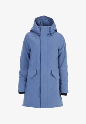 Light blue jacket with a hood, featuring a front zip closure, two angled pockets, and ribbed cuffs for warmth. Smooth, waterproof fabric.