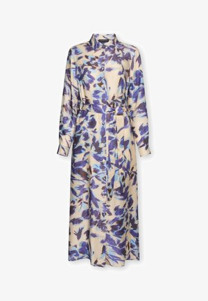 Dlouhé rukávy, šaty na knoflíky s límečkem, zavazováním v pase a modro-fialovým květinovým vzorem na béžovém pozadí.