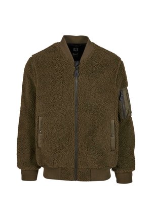 Olive green bomber jacket made of soft, textured fleece. Features a zip closure, ribbed cuffs and hem, and an additional zip pocket on the sleeve.