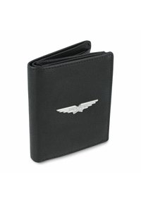 Zwarte leren portefeuille met een gestructureerde afwerking, voorzien van een zilveren vleugellogo aan de voorkant en een bi-fold ontwerp.