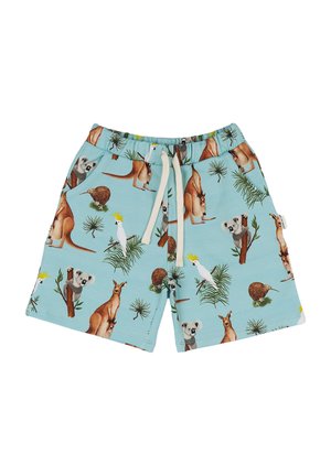 Light blue children's shorts with kangaroo, koala, kiwi bird, and cockatoo prints, featuring a white drawstring and side pockets.