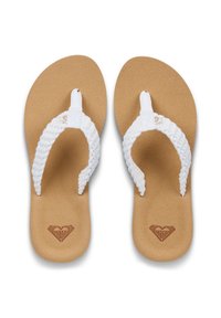 Άσπρες πλεκτές σαγιονάρες με μαλακό μπεζ πέλμα, διαθέτοντας λογότυπο καρδιάς χαραγμένο στη σόλα και υφασμένο λουράκι για καλύτερη πρόσφυση.