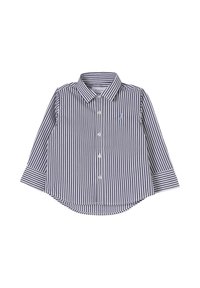 Camicia a maniche lunghe a righe blu navy e bianche con colletto button-down, bottoni frontali e orlo curvo. Presenta un piccolo logo sul petto.