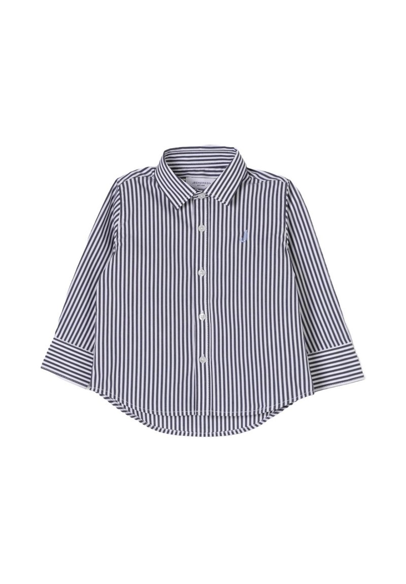 Camicia a maniche lunghe a righe blu navy e bianche con colletto button-down, bottoni frontali e orlo curvo. Presenta un piccolo logo sul petto.