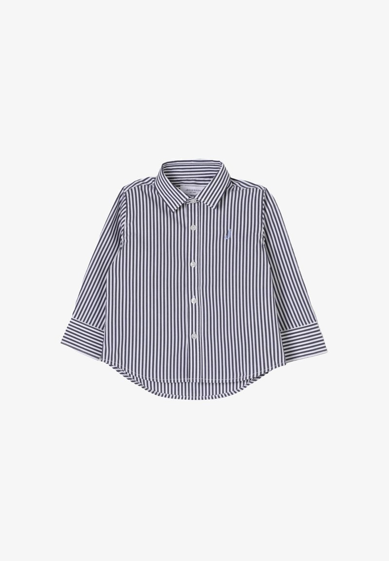 Camicia a maniche lunghe a righe blu navy e bianche con colletto button-down, bottoni frontali e orlo curvo. Presenta un piccolo logo sul petto.
