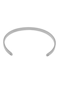 Fascia in metallo argento minimalista con una superficie liscia e opaca, caratterizzata da un design sottile e flessibile con estremità arrotondate.