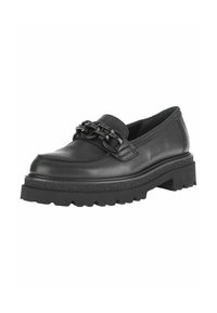 Mocassino in pelle nera con finitura texture, caratterizzato da un dettagliato catena nera spessa sul davanti e una suola robusta e spessa.