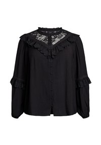 Schwarze Bluse mit langen Ärmeln, Spitzenbesatz an der Schulterpartie, Rüschensaum an den Schultern und Manschetten sowie stoffbezogenen Knöpfen auf der Vorderseite.