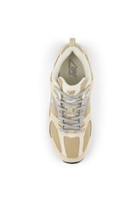 Shoe de desporto bege com detalhes cinzentos, painéis em malha e um colarinho acolchoado. Apresenta uma sola texturizada e cordões passados por ilhós de metal.