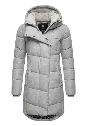 Gray padded jacket with a textured exterior, a shearling-lined hood, diagonal zipper, and patterned interior lining. Features side pockets.