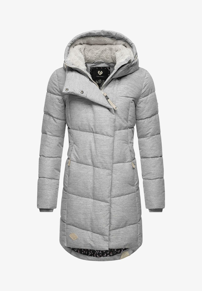 Gray padded jacket with a textured exterior, a shearling-lined hood, diagonal zipper, and patterned interior lining. Features side pockets.