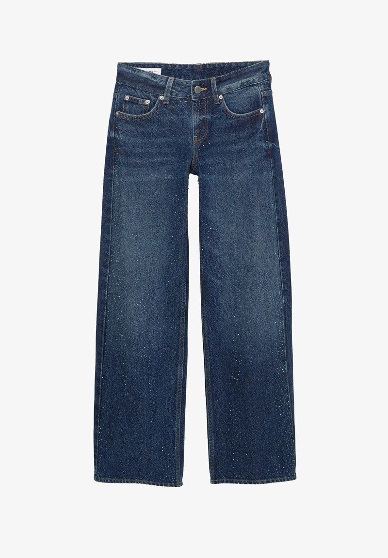Široke kavbojke iz temno modrega jeansa, z bledečim pranjem, petimi žepi, gumbom za zapiranje in kontrastnimi šivi.