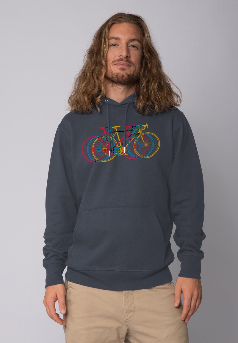 Marineblauer Hoodie mit buntem Fahrradgrafikdruck, ausgestattet mit einer Kängurutasche und einer verstellbaren Kapuze mit Zugband. Weicher Stoff.