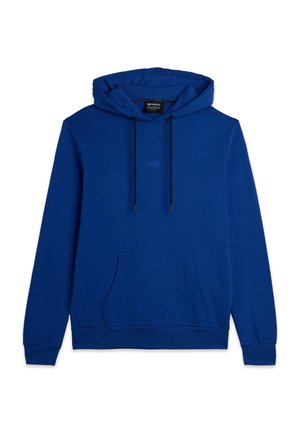 Felpa blu in cotone misto, con tasca frontale, cappuccio regolabile con coulisse e polsini e orlo a costine. Logo discreto sul petto.