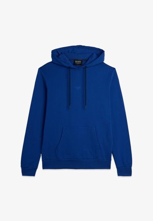 Haut à capuche bleu en mélange de coton, avec une poche frontale, un capuchon ajustable avec cordon, et des poignets et un ourlet côtelés. Logo discret sur la poitrine.