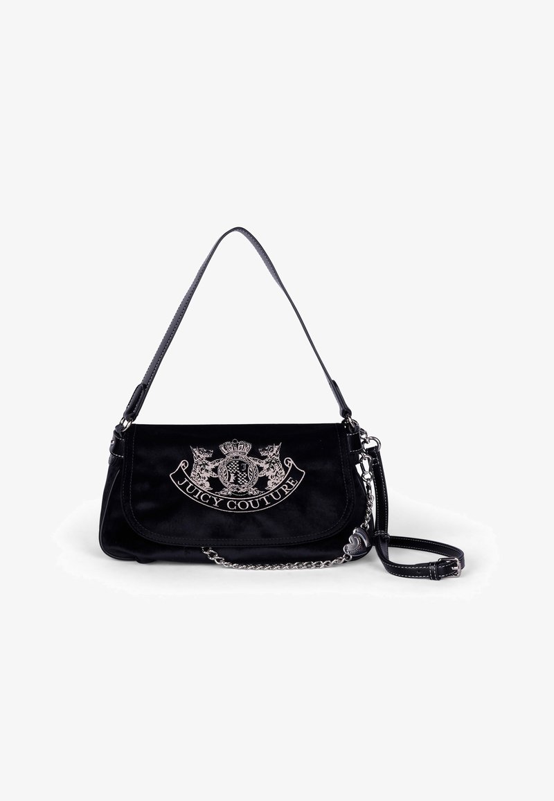 Borsa a spalla in velluto nero con logo metallico argento "Juicy Couture", tracolla con catena e rifiniture in pelle liscia.