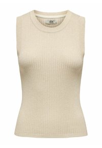 Beige mouwloos ribgebreid topje met een ronde halslijn, gemaakt van textiel met structuur. Heeft een getailleerde pasvorm en een subtiele glans. Accentstiksel zichtbaar.