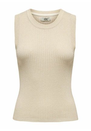 Top bej fără mâneci, cu guler rotund, realizat dintr-un material texturat. Prezintă o siluetă ajustată și o strălucire subtilă. Cusăturile decorative sunt vizibile.