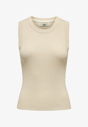 Top bej fără mâneci, cu guler rotund, realizat dintr-un material texturat. Prezintă o siluetă ajustată și o strălucire subtilă. Cusăturile decorative sunt vizibile.