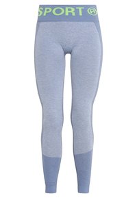 Niebieskie legginsy sportowe wykonane z miękkiego, elastycznego materiału. Posiadają teksturowany pas z napisem "SPORT" w neonowej zieleni. W komplecie dopasowany krój i akcent w kolorze bloku.