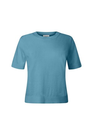 Kurzärmeliger, hellblauer Strickpullover mit rundem Ausschnitt und gerippten Bündchen und Saum.