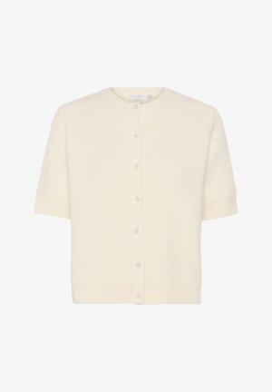 Cardigan cu mânecă scurtă din amestec de lână crem, cu decolteu rotund, cinci butoane din perle și tivuri și manșete cu model jerset. Textură moale, design ușor.