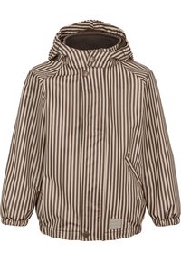 Veste rayée avec des rayures verticales beige et marron foncé, en matériau imperméable, avec des poignets élastiques et une capuche avec des boutons-pression.