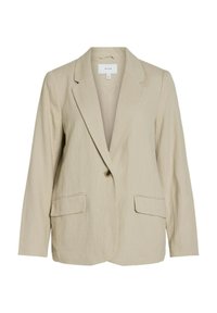 Lichtbeige blazer van gestructureerde stof. Heeft een enkel knoopsluiting, notch-lapels en twee voorzakken.