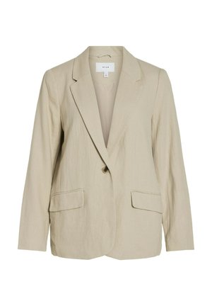 Ljus beige kavaj gjord av texturerat tyg. Har en enkel knappstängning, slagkrage och två framfickor.